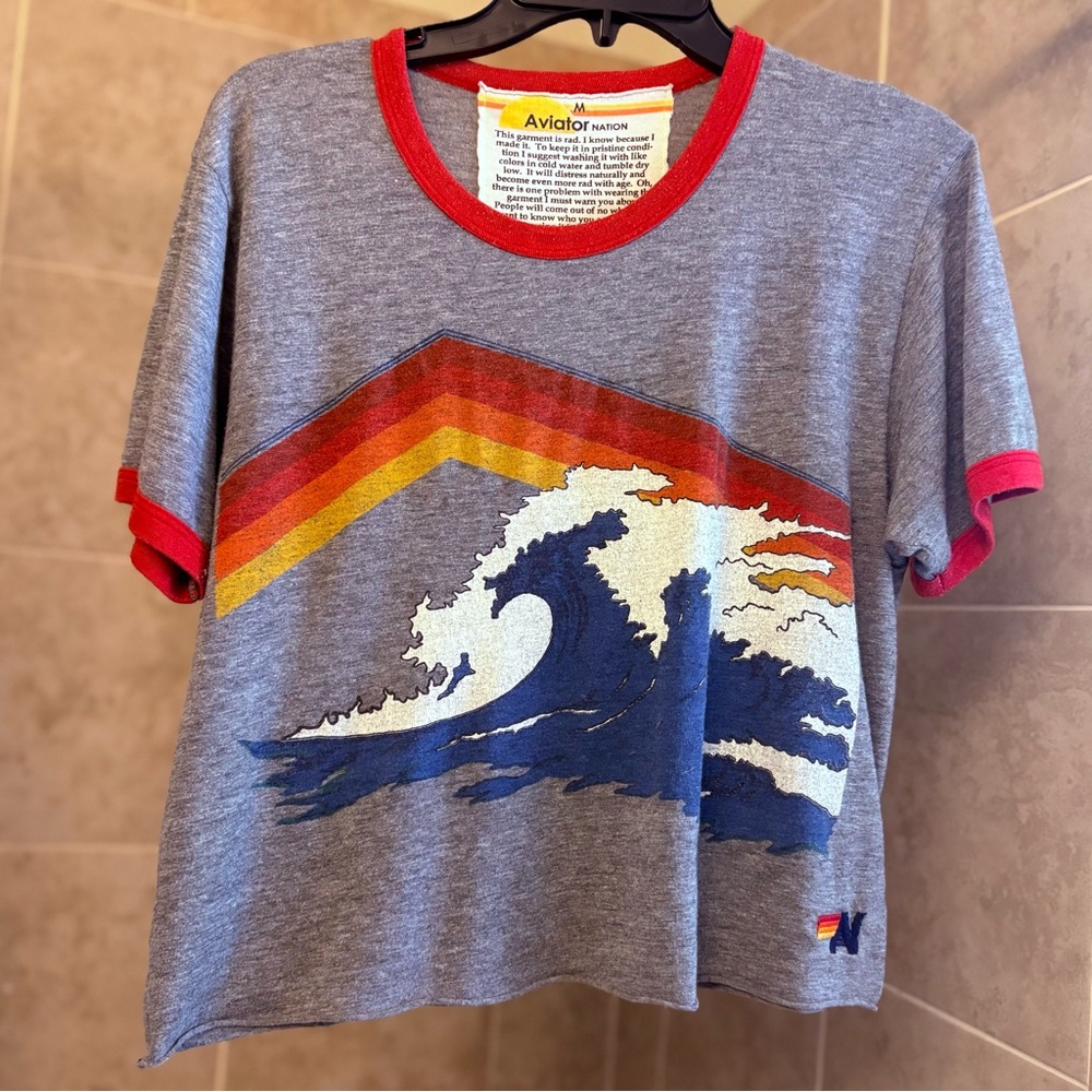 Aviator Nation Boyfriend Tee Ringer Wave, Size M